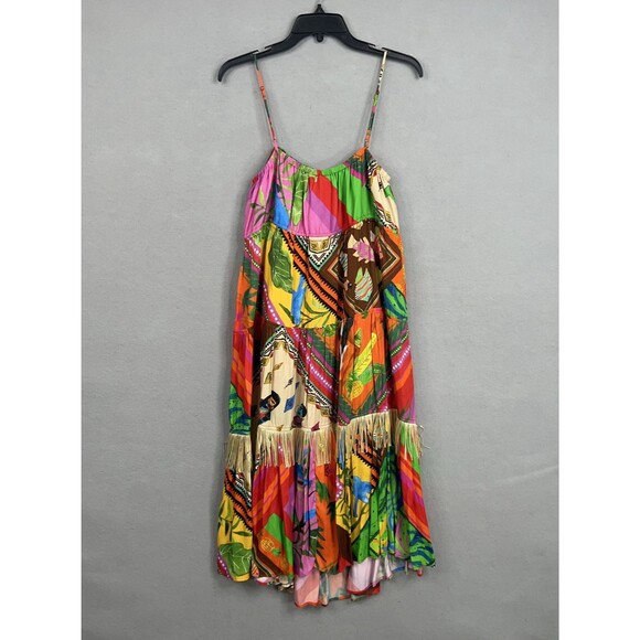 Farm Rio Dress Womens Large Bright Palila Fringed Midi Tropical Boho Beaded Loud - Picture 10 of 16